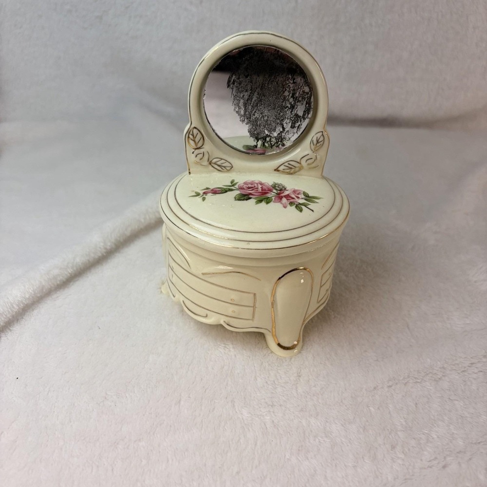 Vtg Porcelain Jewelry Trinket Box Floral Roses Dresser Real Round Mirror Vanity